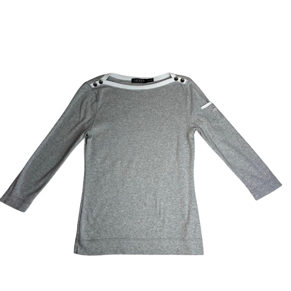 LAUREN RALPH LAUREN WOMEN'S GRAY 3/4 SLEEVE BOAT NECK TOP BASEBALL SHIRT MEDIUM
